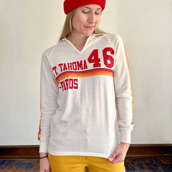 Vintage 70s Mt. Tahoma T-Birds Volleyball Athletic Collared Long Sleeve Polo - Picture 3 of 8